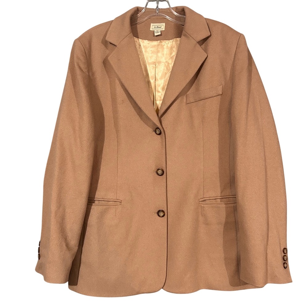 LL Bean Womens Camel Tan Wool Blend 3 Button Blazer Jacket Beige Size 14R